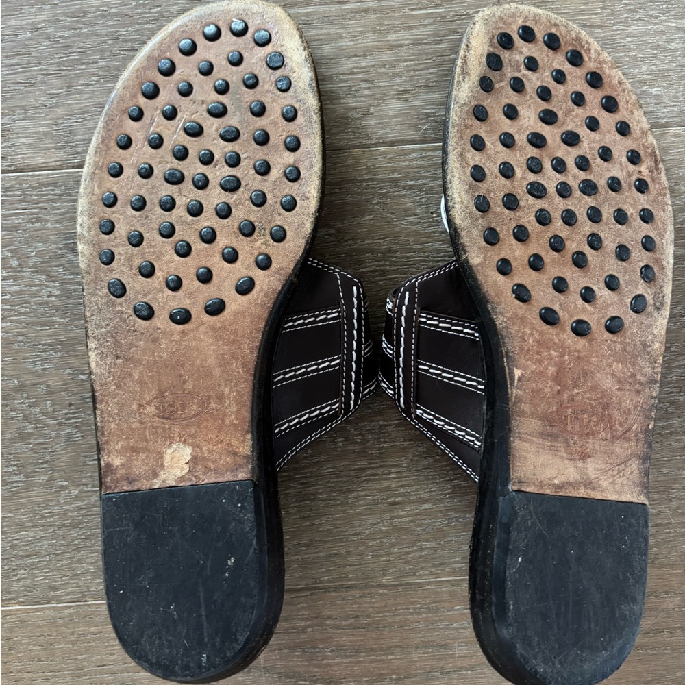 Tod’s Brown and white all Leather Tong Sandals Sz 9.5 - Picture 4 of 8
